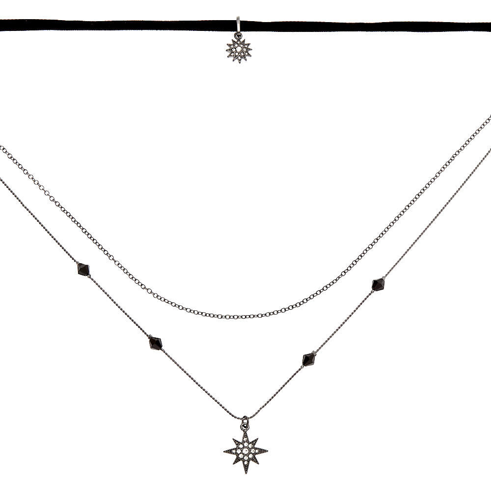 Hematite Starburst Multi Strand Choker Necklace - Black,