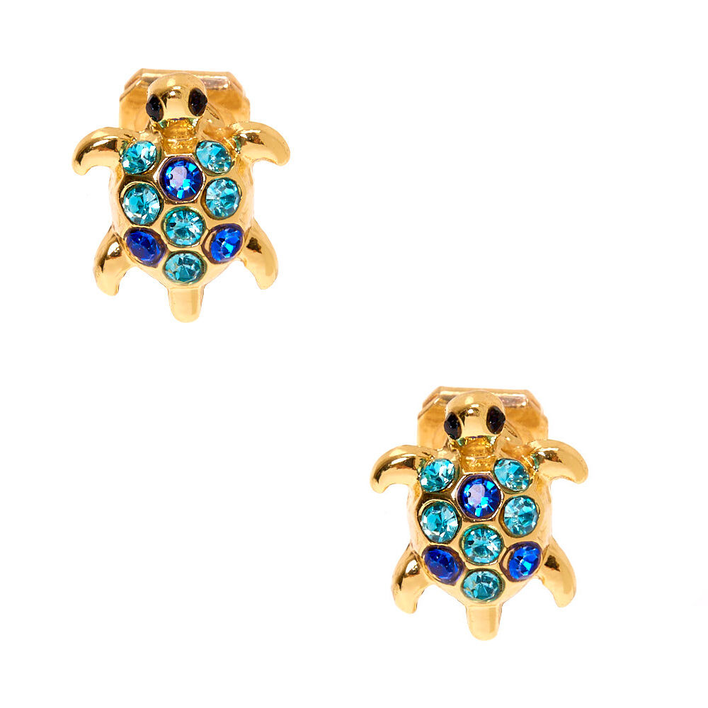 Gold Turtle Clip-On Stud Earrings - Blue,