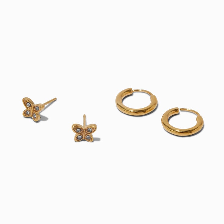 C LUXE by Claire&#39;s 18kt Gold Plated Cubic Zirconia Butterfly Studs &amp; Hoop Earrings Set - 2 Pack,