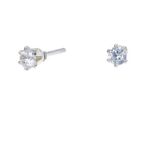 Silver-tone Cubic Zirconia Round Stud Earrings - 3MM,