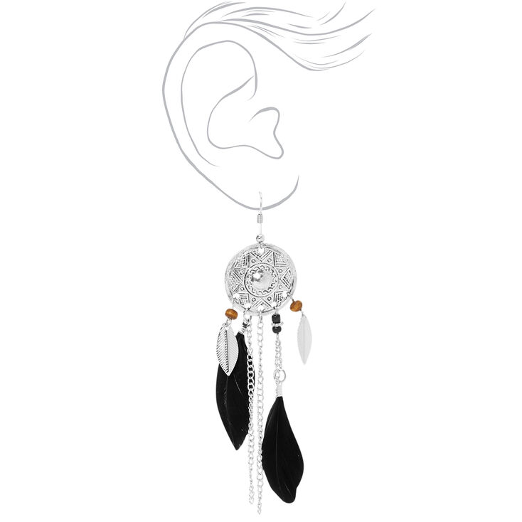 Silver 4&quot; Aztec Medallion Feather Drop Earrings - Black,