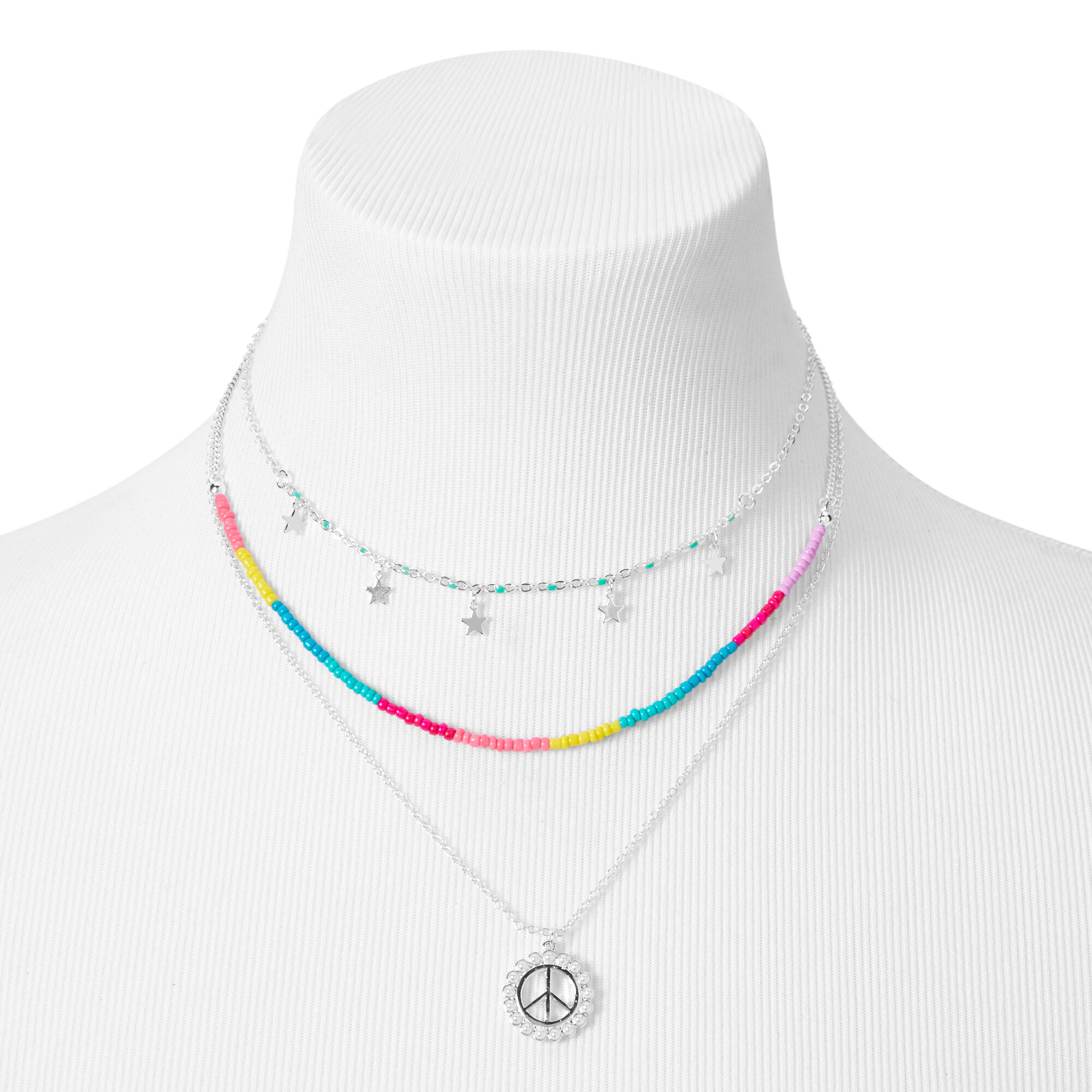 Silver Peace & Stars Multi Strand Necklace,