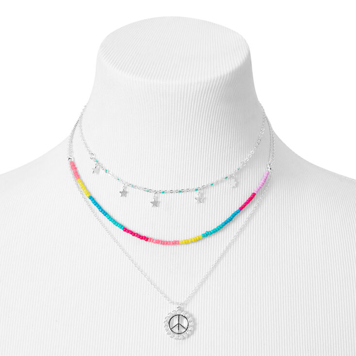 Silver Peace &amp; Stars Multi Strand Necklace,