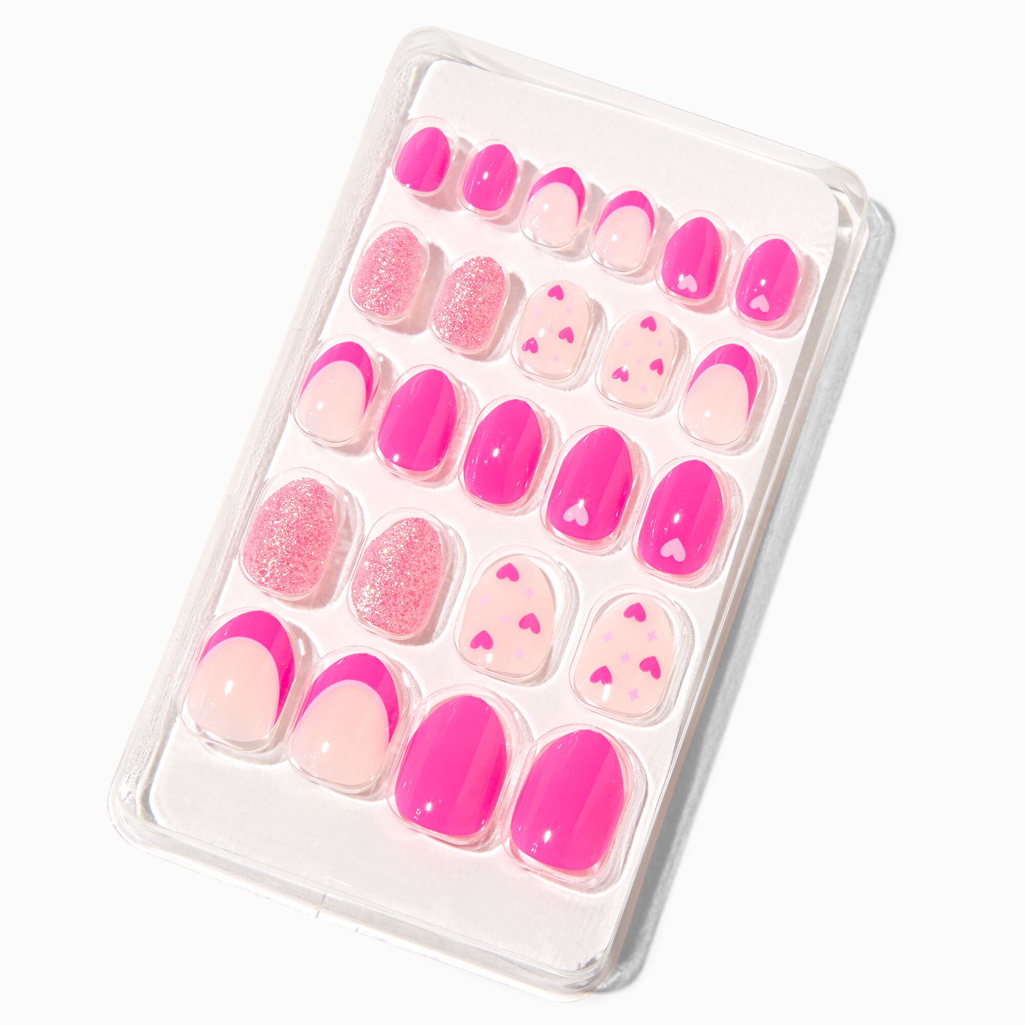 MeganPlays™ Claire's Exclusive Pink Heart Print Stiletto Press On Faux Nail Set - 24 Pack,