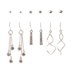 Silver Stud &amp; Linear Drop Earrings - 6 Pack,