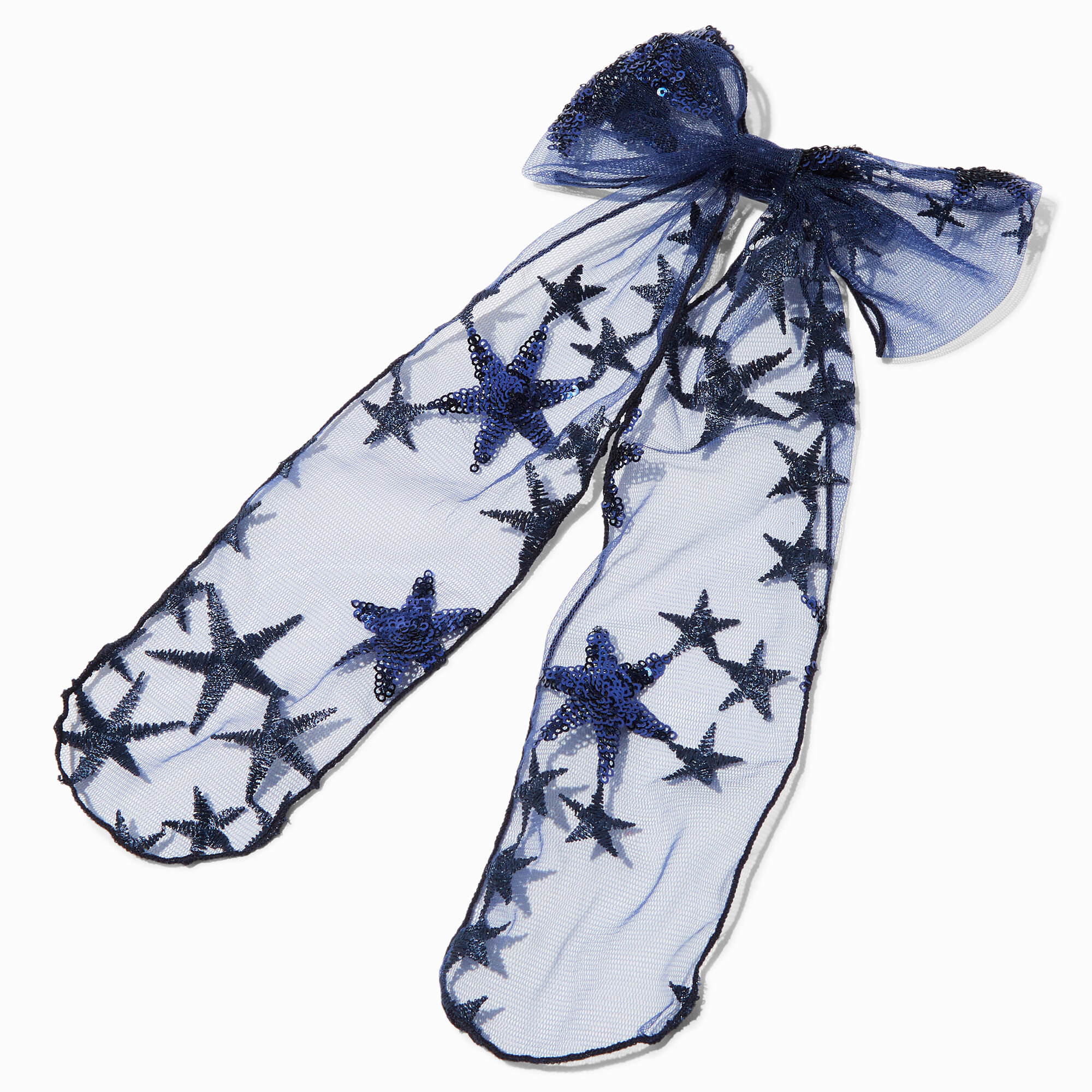 View Claires Sequin Star Large Bow Hair Clip Navy information