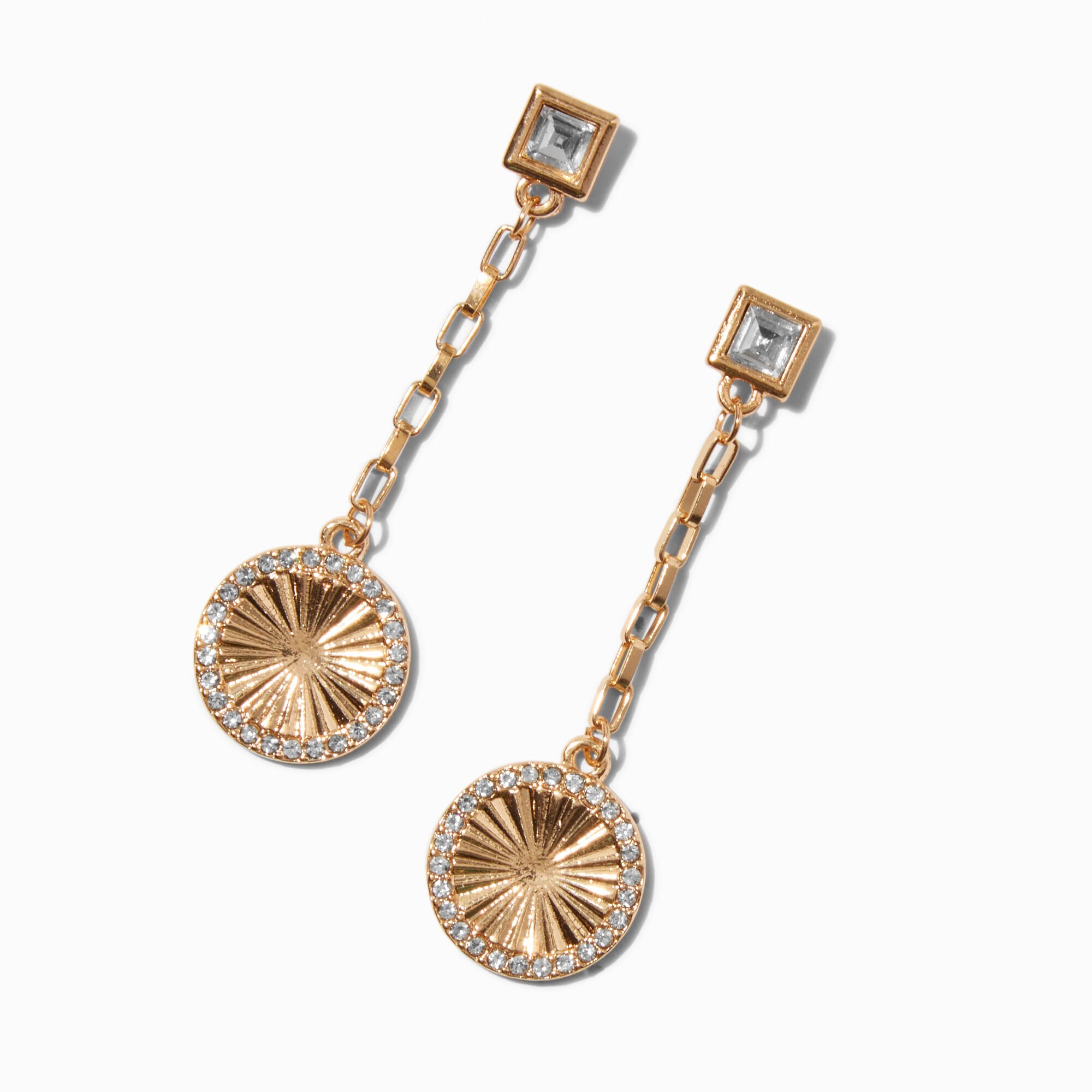 Gold-tone Chain Crystal Round Drop Earrings,