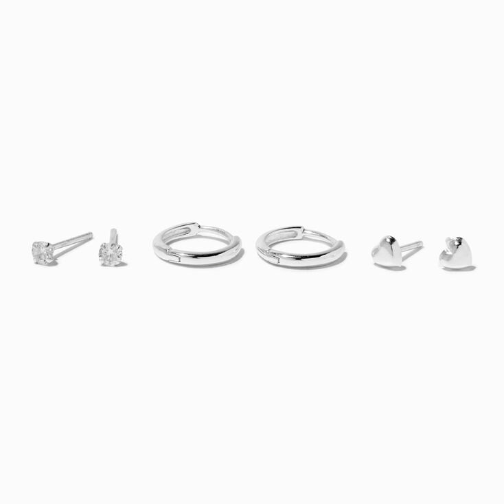 Cr&eacute;oles &agrave; charni&egrave;re 8&nbsp;mm et c&oelig;urs, clou rond 2&nbsp;mm en zircon cubique couleur argent&eacute;e C&nbsp;LUXE by Claire&rsquo;s - Lot de 3,
