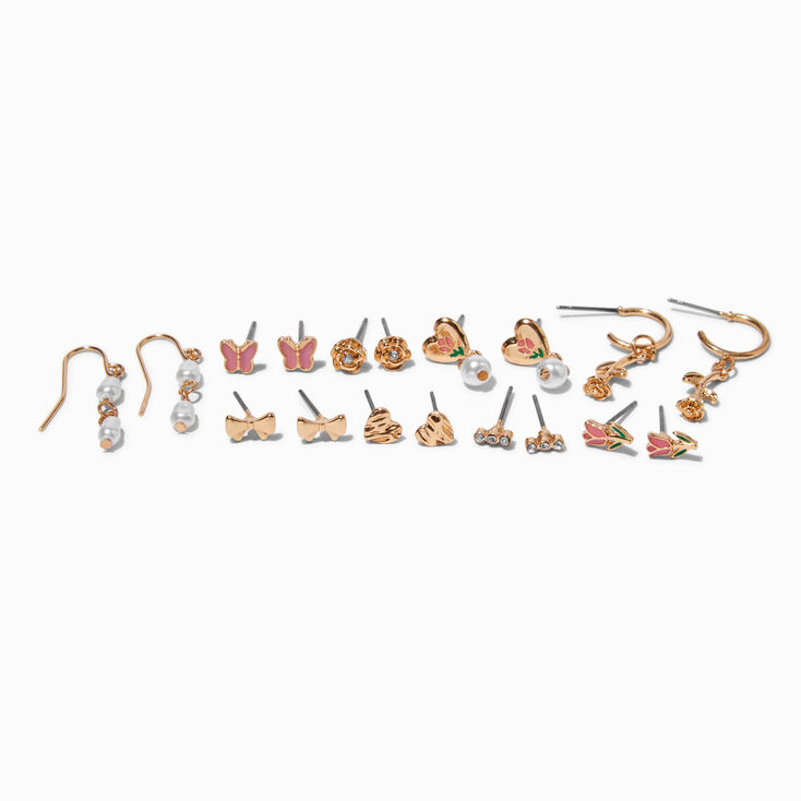 Gold-tone Pretty Rose Drops &amp; Studs Earrings Set - 9 Pack,