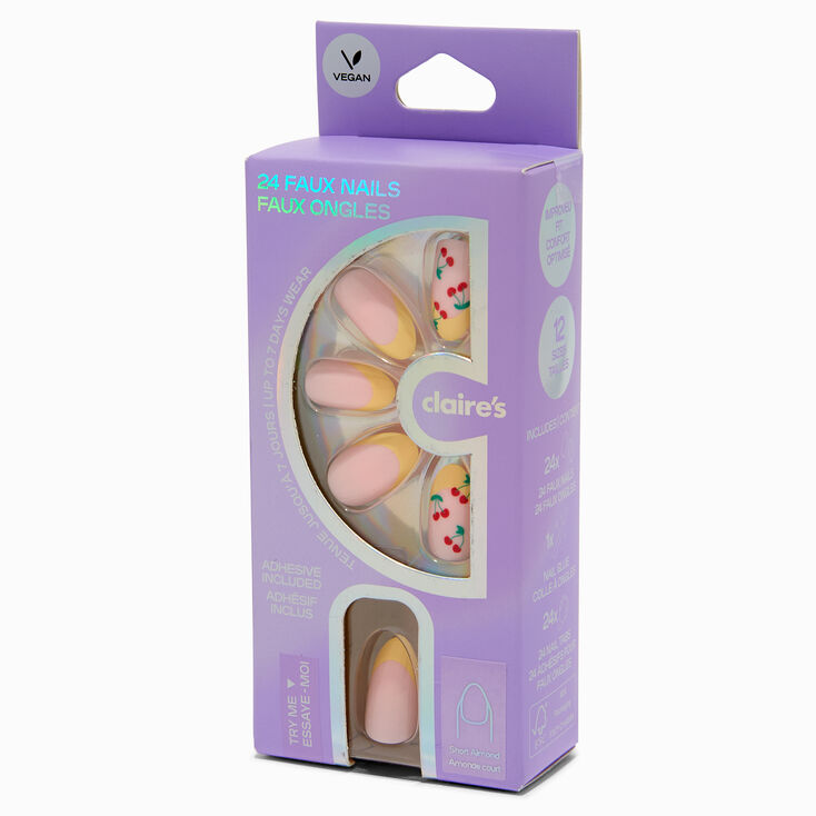 Yellow French Tip Cherry Almond Vegan Faux Nail Set - 24 Pack,
