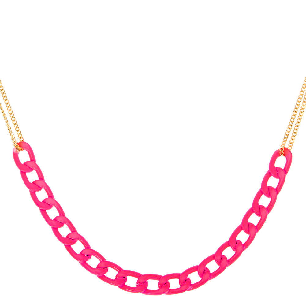 Gold Double Chain Statement Necklace Neon Pink