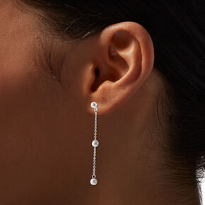 Silver-tone Pearl Station 2&quot; Linear Drop Earrings ,