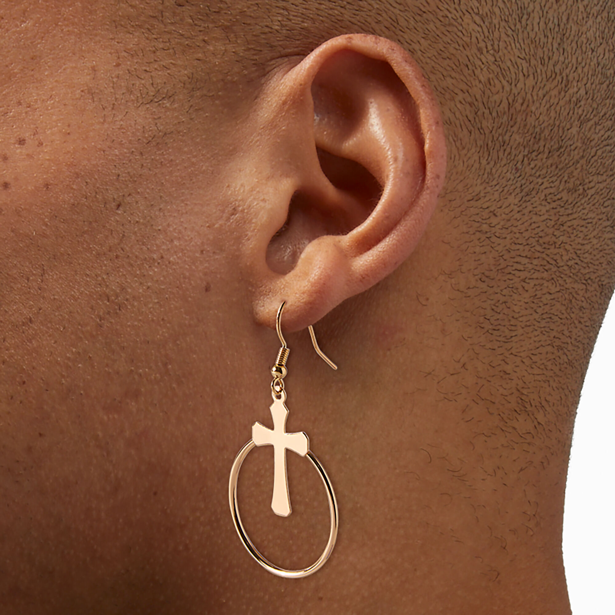 Gold-tone Goth Cross Circle 2" Drop Earrings ,