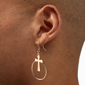 Gold-tone Goth Cross Circle 2&quot; Drop Earrings ,