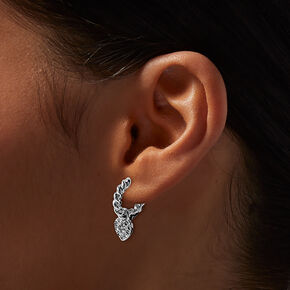 Silver-tone Twisted Crystal Pav&eacute; Heart Charm Hoop Earrings,
