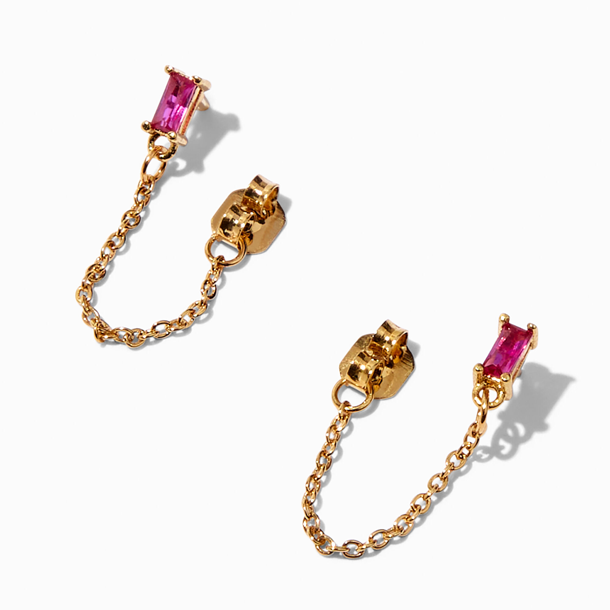View C Luxe By Claires 18K Gold Plated Fuchsia Cubic Zirconia Baguette Front Back Stud Earrings Yellow information