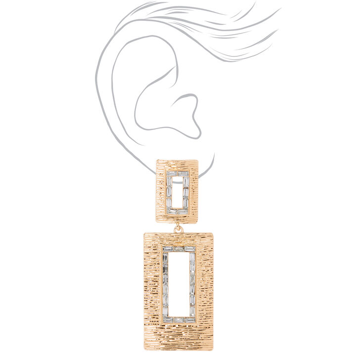 Gold 3&quot; Open Rectangle Baguette Rhinestone Drop Earrings,