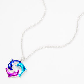 Silver Anodized Circle of Dolphins Pendant Necklace,