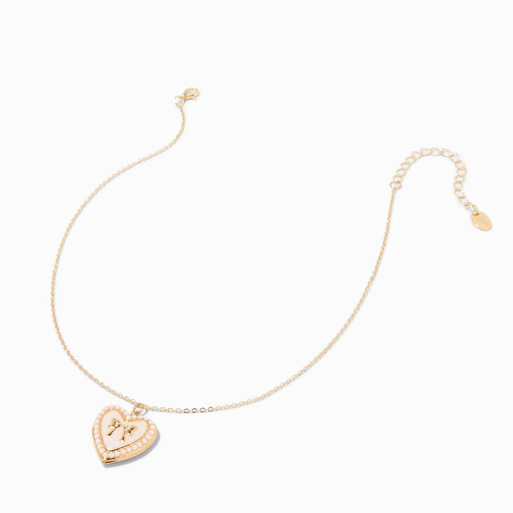 Gold-tone Pearl Bow Locket Necklace ,