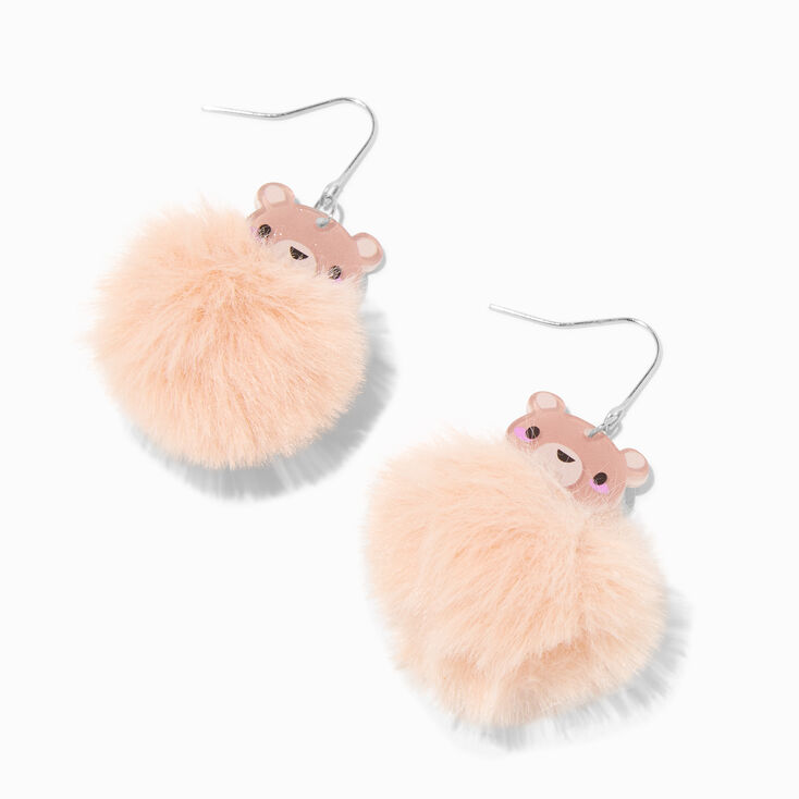 Brown Bear Pom Pom Drop Earrings,