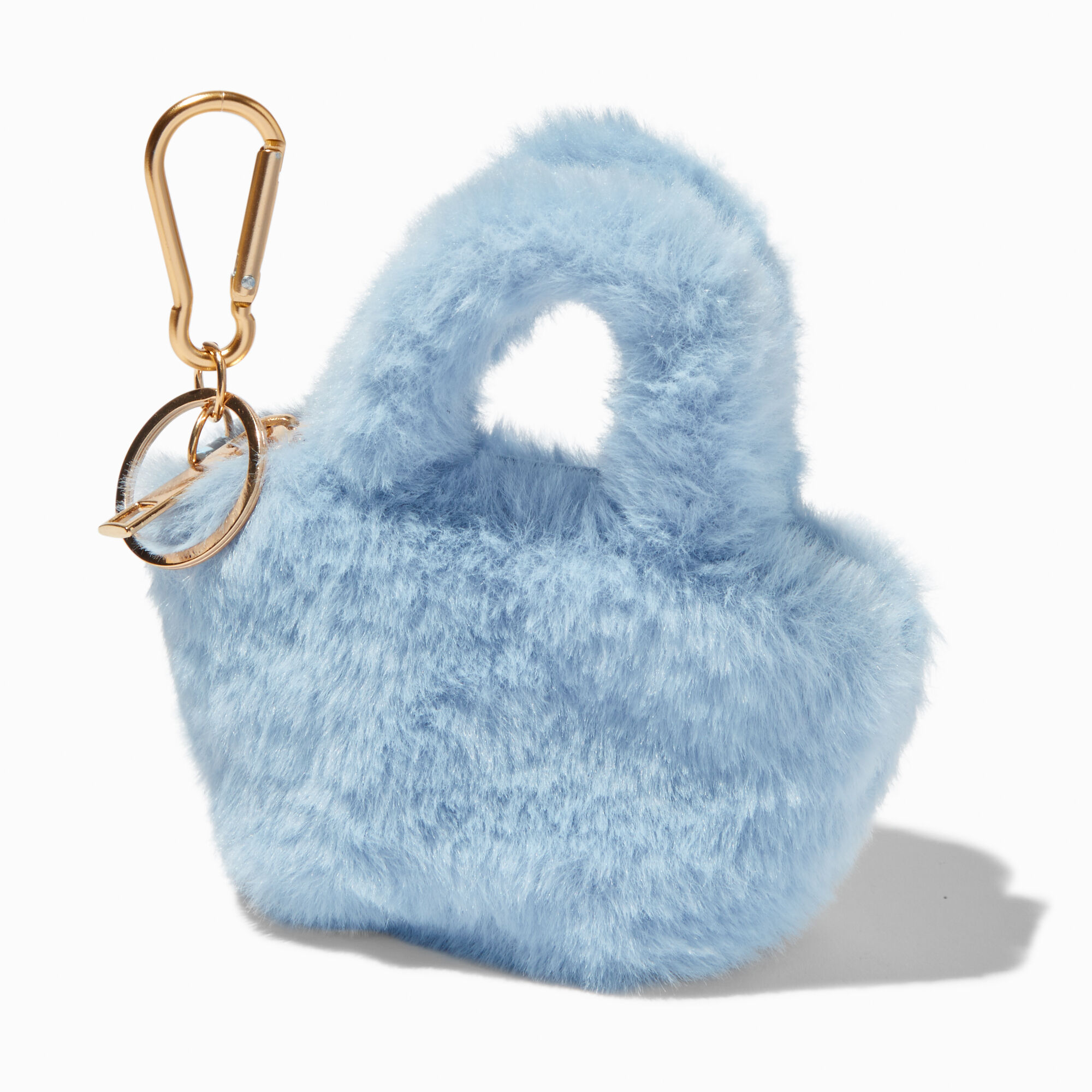 View Claires Furry Mini Tote Bag Keyring Blue information