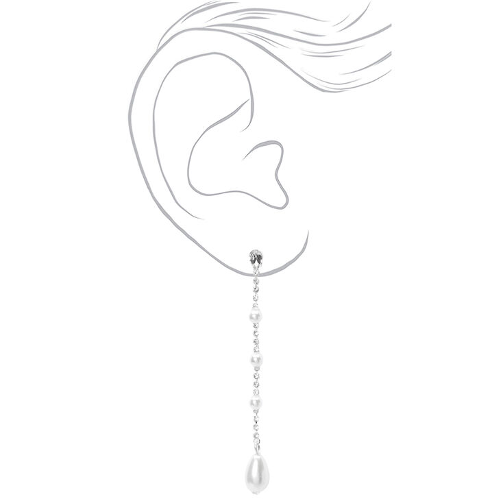 Silver 3&quot; Rhinestone Pearl Linear Drop Earrings,