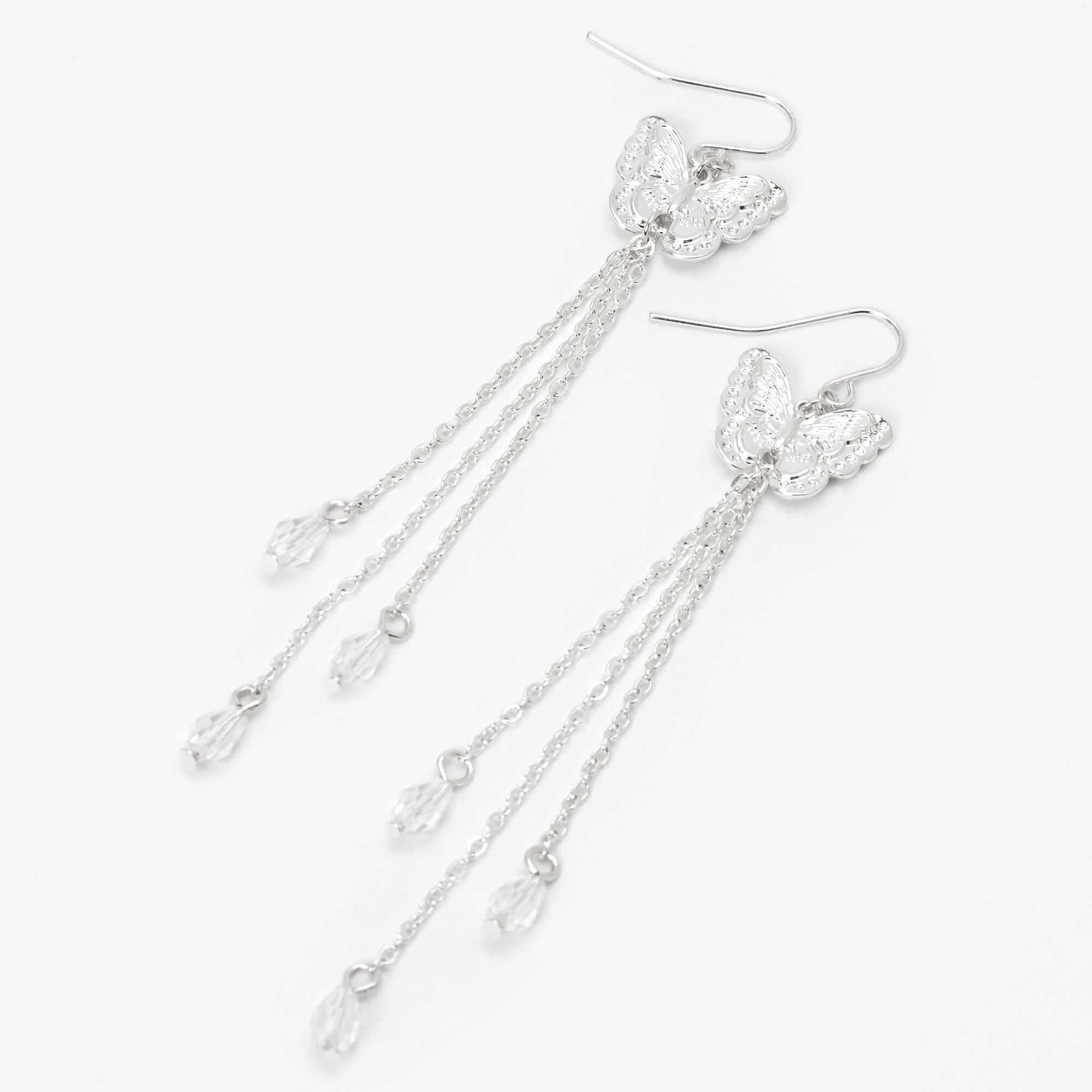Silver 3.5" Filigree Butterfly Linear Drop Earrings,