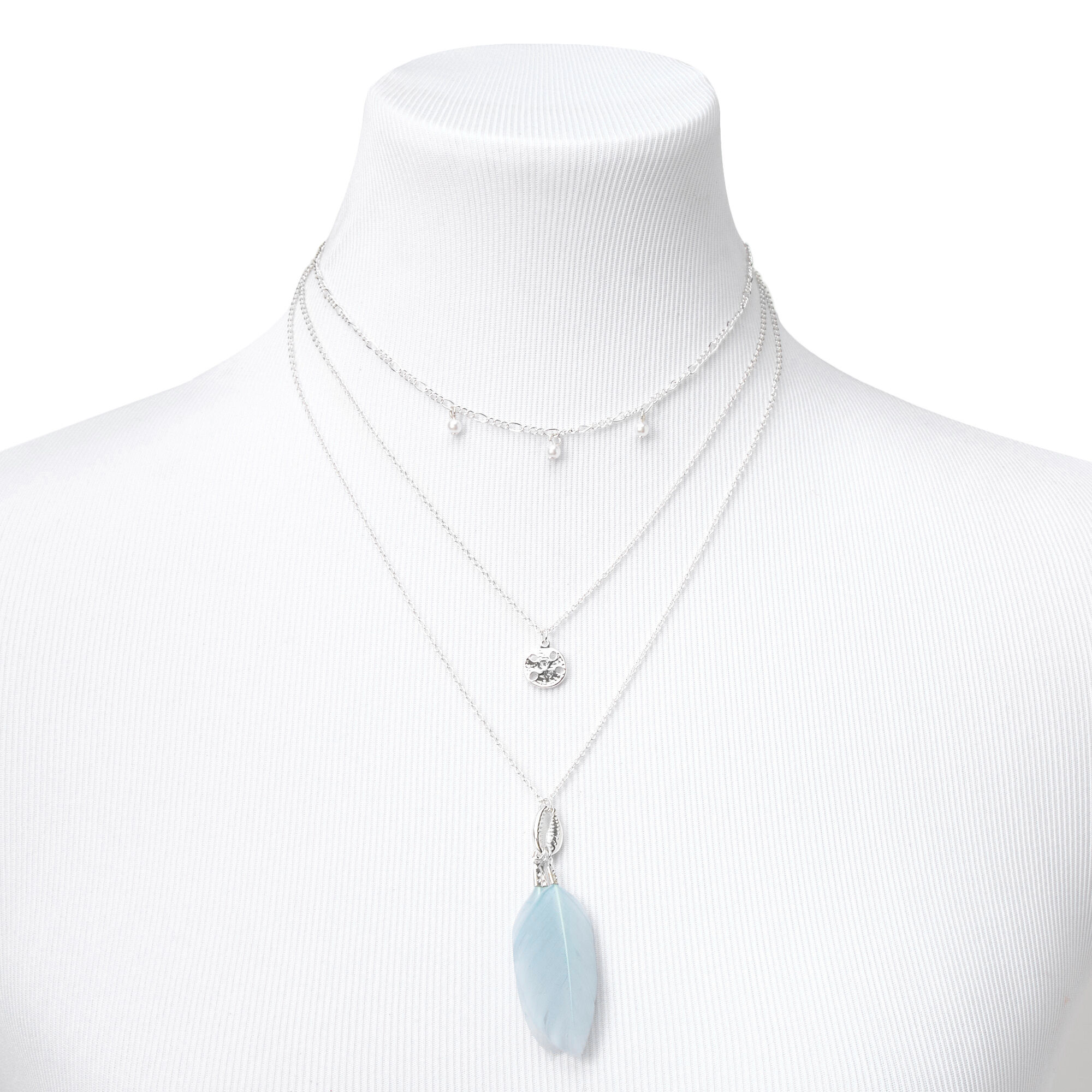 Silver Seashell Turquoise Feather Multi Strand Necklace