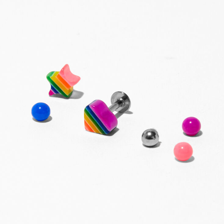 Silver Multi Rainbow Changeable Tragus Flat Back Earrings - 6 Pack,