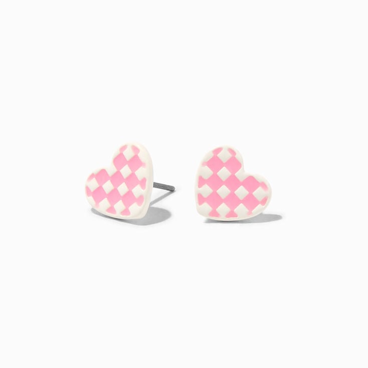 Pink Glow In The Dark Checkered Heart Stud Earrings,