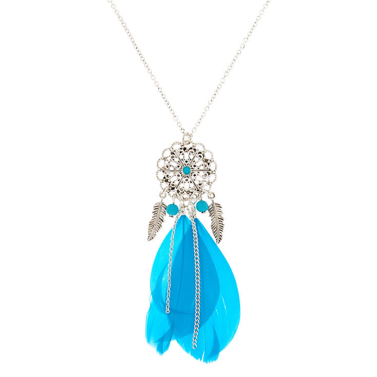 Claire's Long collier à pendentif attrape-rêves bleu sarcelle à motif en filigrane couleur argenté