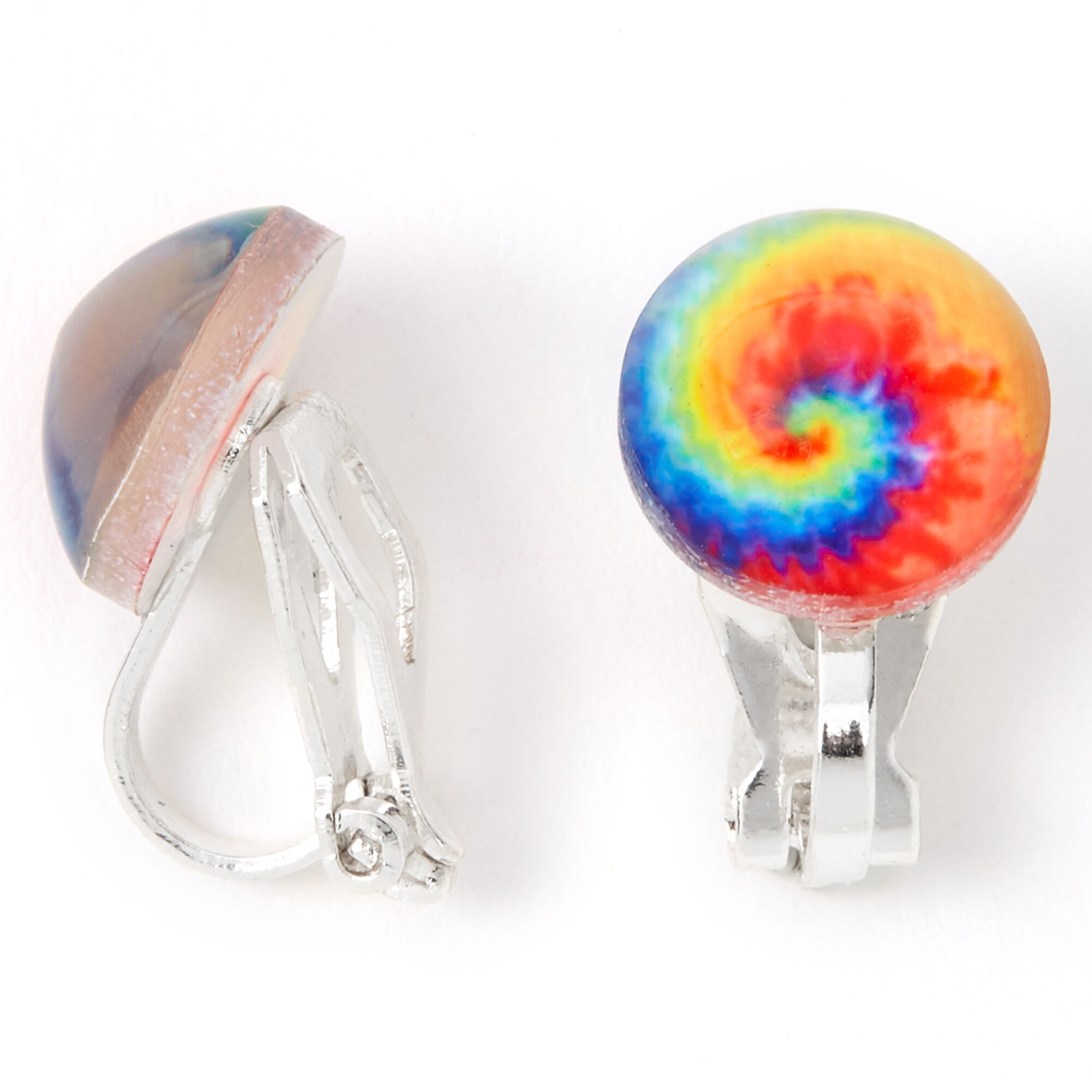 View Claires Round Rainbow Tie Dye Clip On Earrings Silver information