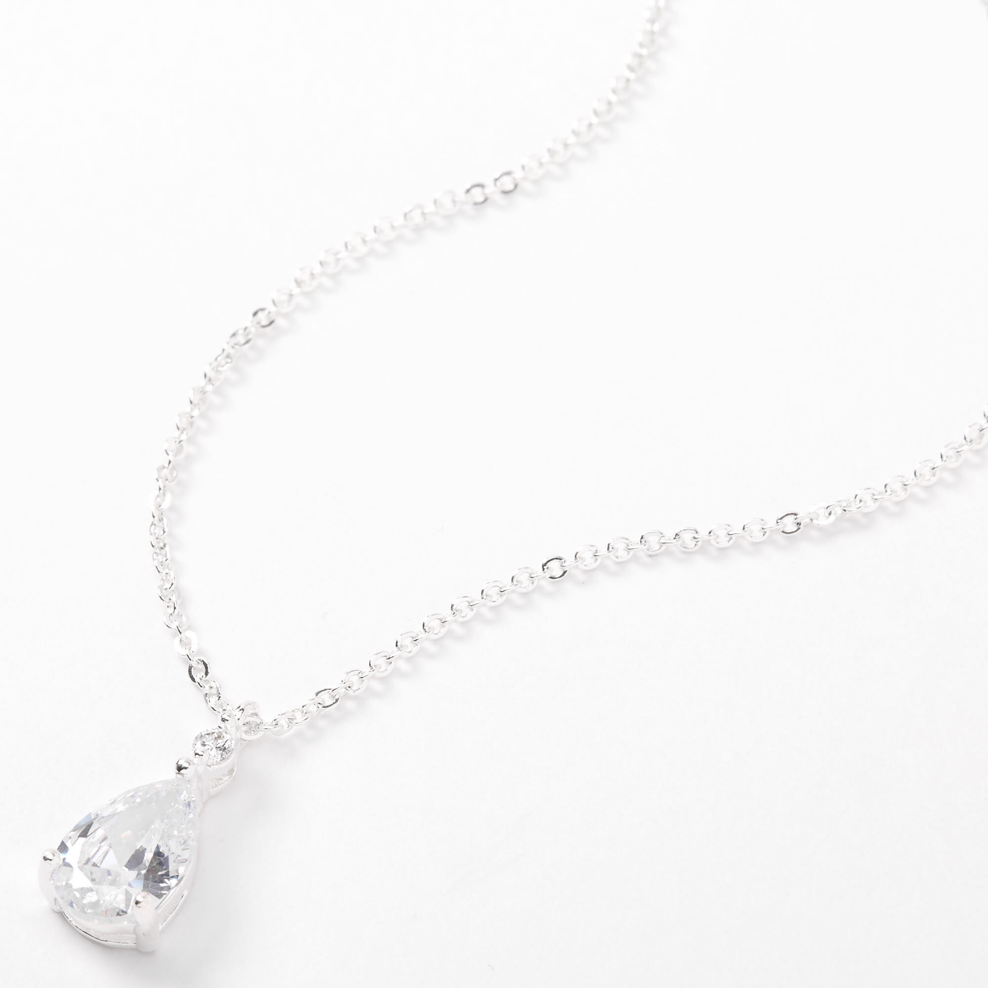 View Claires Tone Cubic Zirconia Single Teardrop Rhinestone Pendant Necklace Silver information