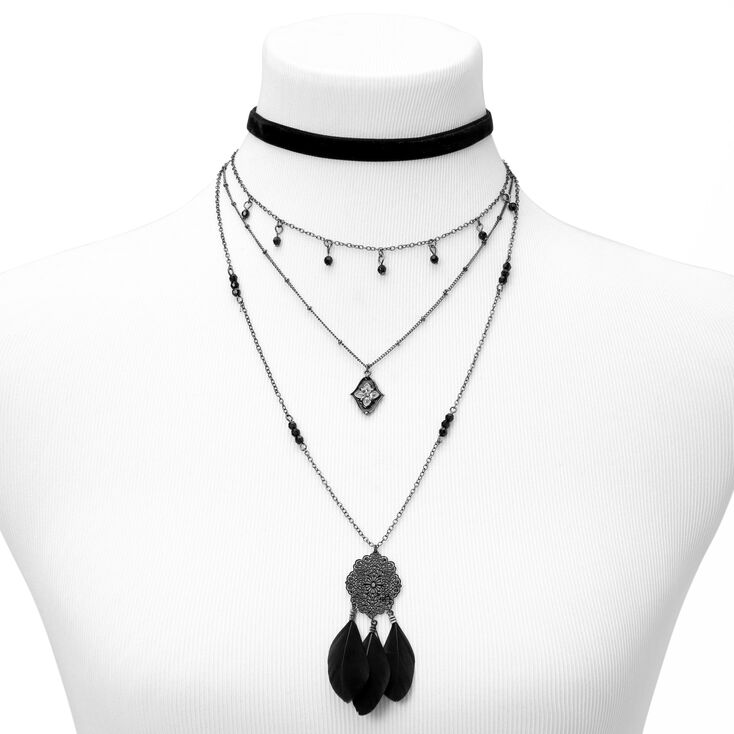 Black Filigree &amp; Feather Multi-Strand Necklace &amp; Choker Set - 2 Pack,