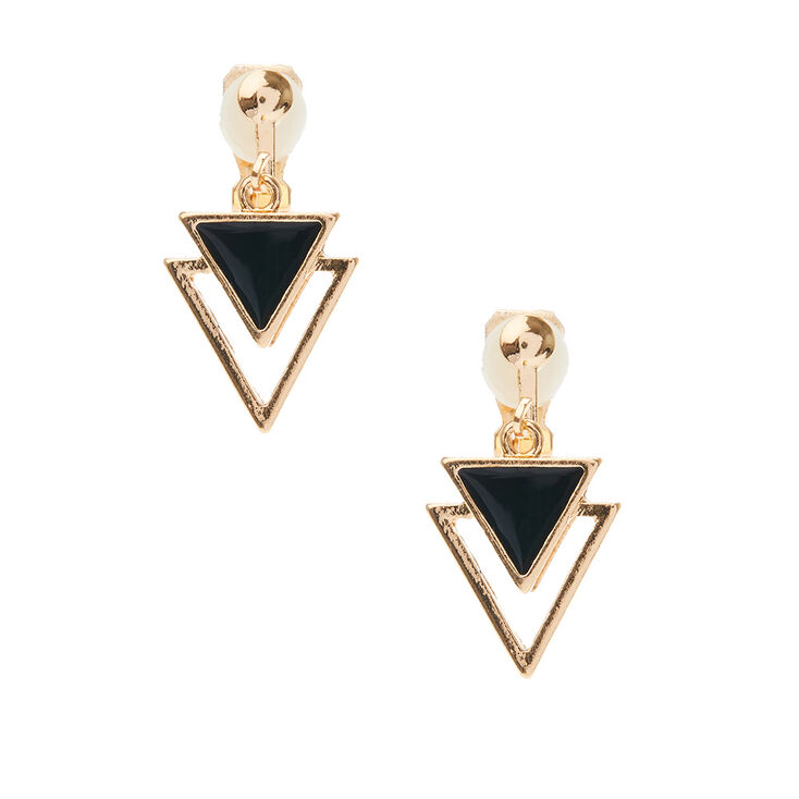 Black &amp; Gold-tone Geometric Triangle Clip On Drop Earrings,
