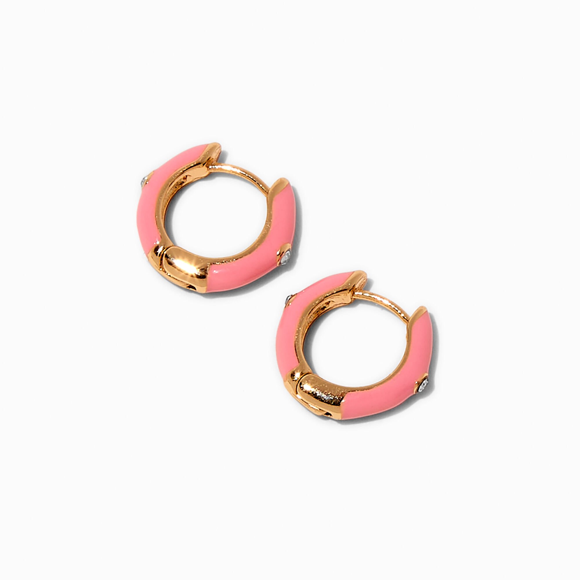 Pink Enamel Huggie Hoop Earrings,