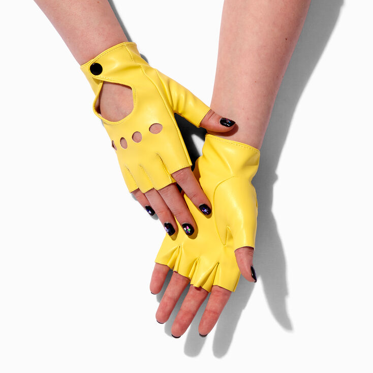 Bright Yellow Faux Leather Fingerless Gloves