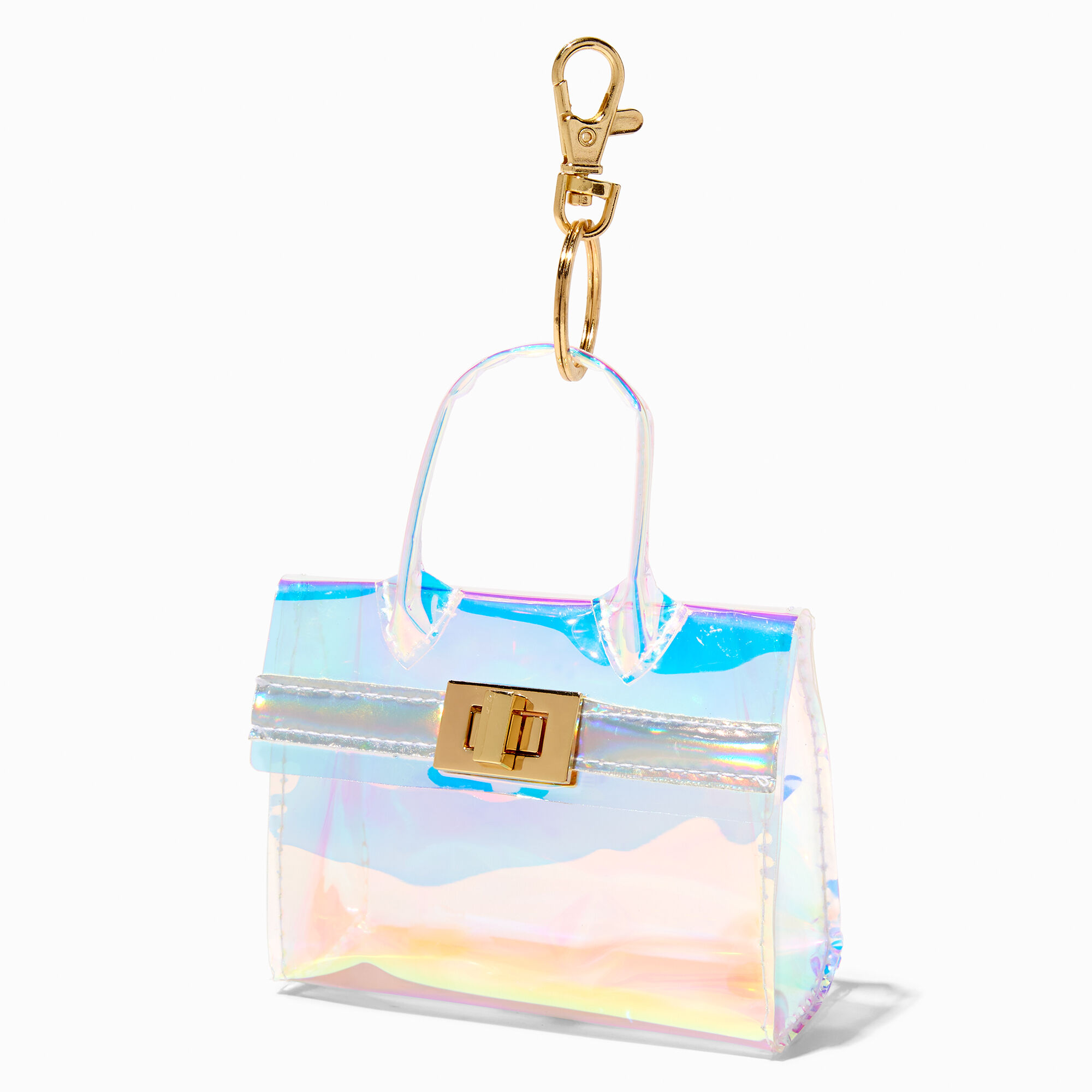 View Claires Holographic Handbag Keyring Gold information