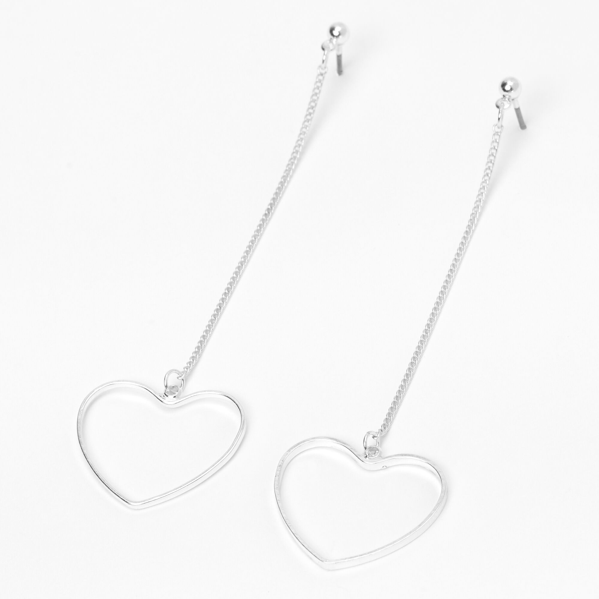 CLIP ON Big Heart Earrings Dangle with Brushed Silver Tone Finish Drop
