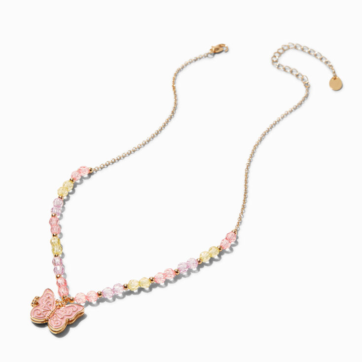 Pink Beaded Butterfly Locket Necklace,