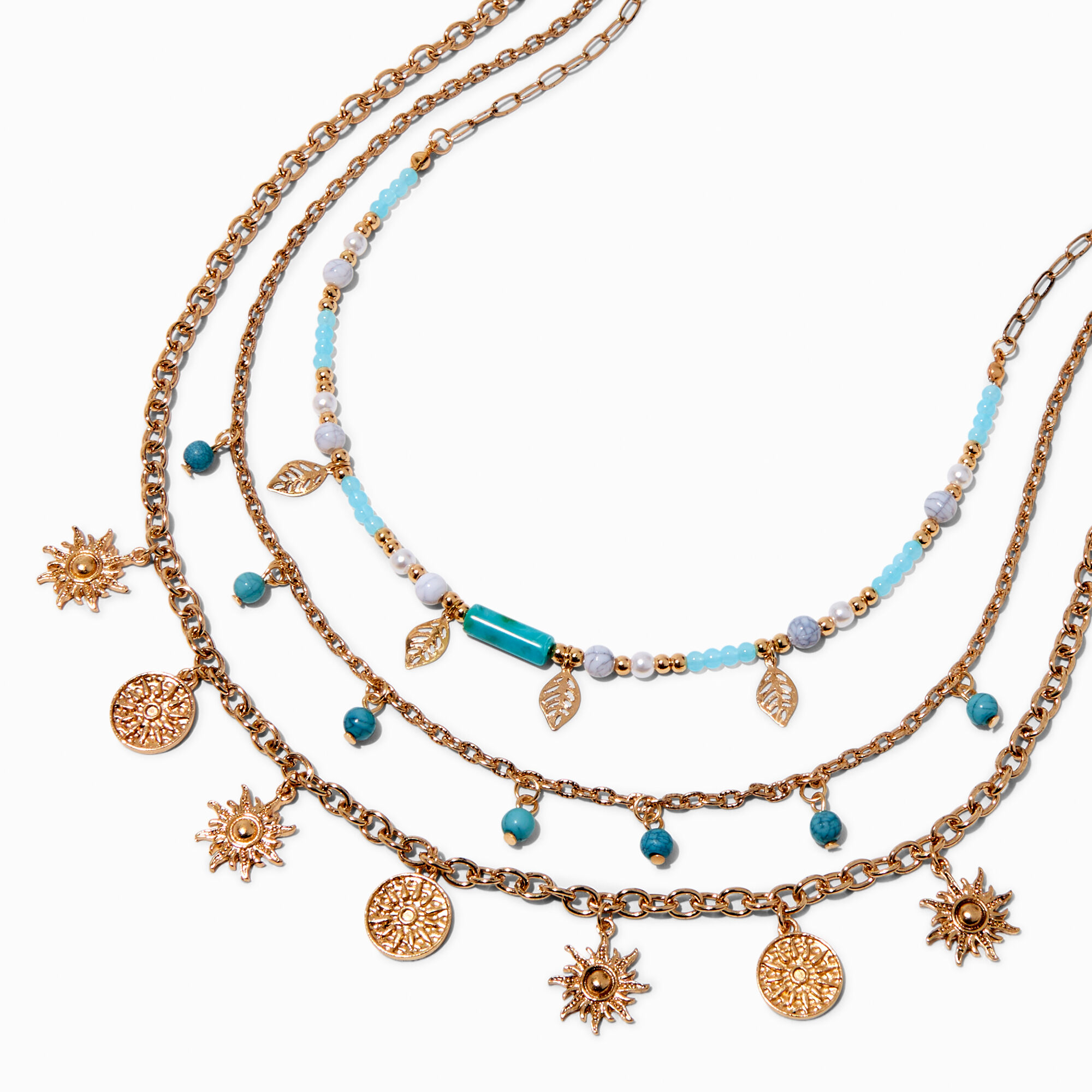 Collier multi-rangs perlé turquoise d'imitation et pièce couleur dorée,