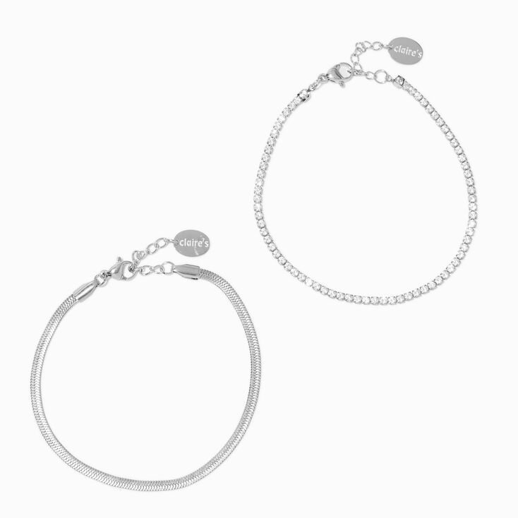 Silver-tone Stainless Steel Cubic Zirconia Snake & Cup Chain Bracelets ...