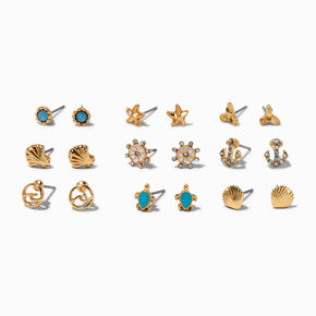 Gold-tone Nautical Stud Earrings - 9 Pack ,