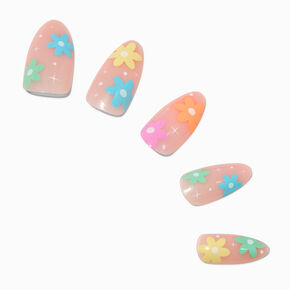 Multicolored Daisy Long Almond Vegan Faux Nail Set - 24 Pack,