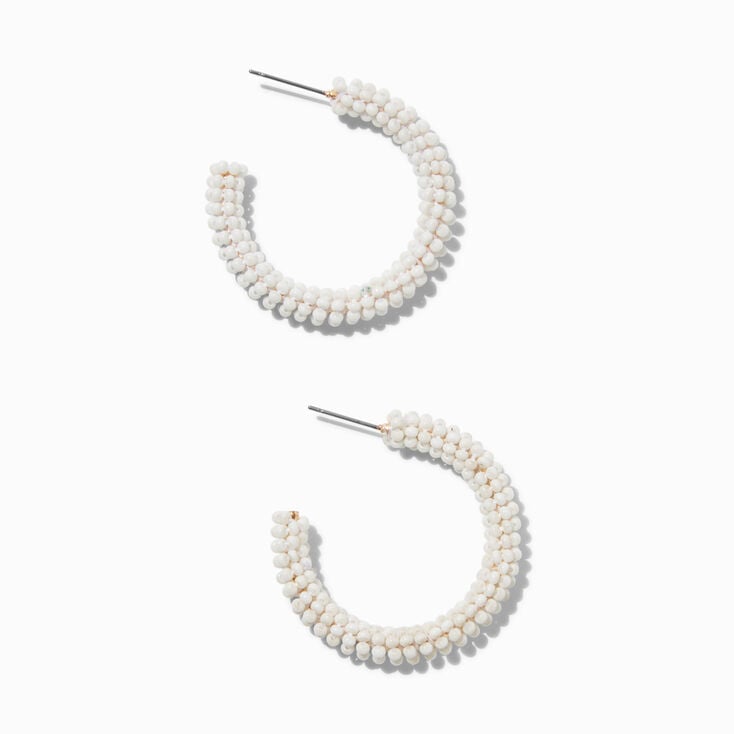 White Beaded Hoop Earrings,