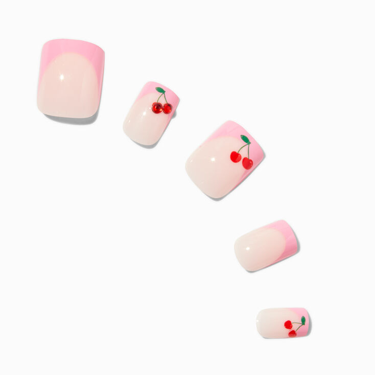 Pink French Tip Cherry Gem Square Vegan Faux Nail Set - 24 Pack,
