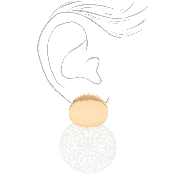 Gold 1.5&quot; Filigree Drop Earrings - White,