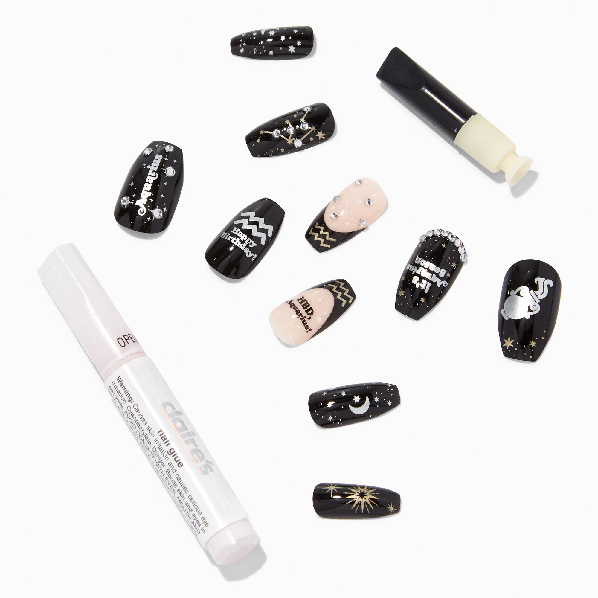 Aquarius Birthday Squareletto Faux Nail Set - 24 Pack,
