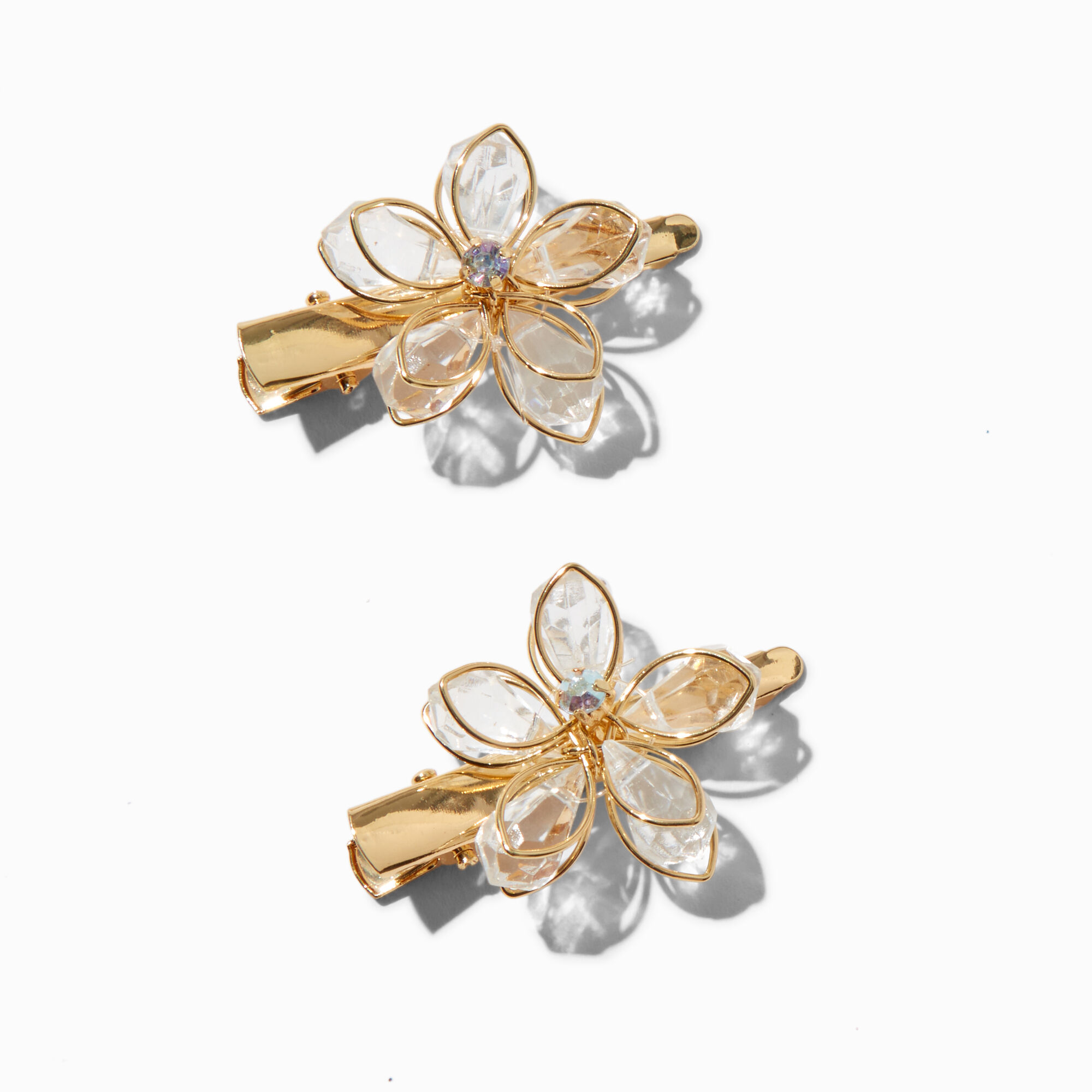 View Claires Club Gem Flower Tone Hair Clips 2 Pack Gold information