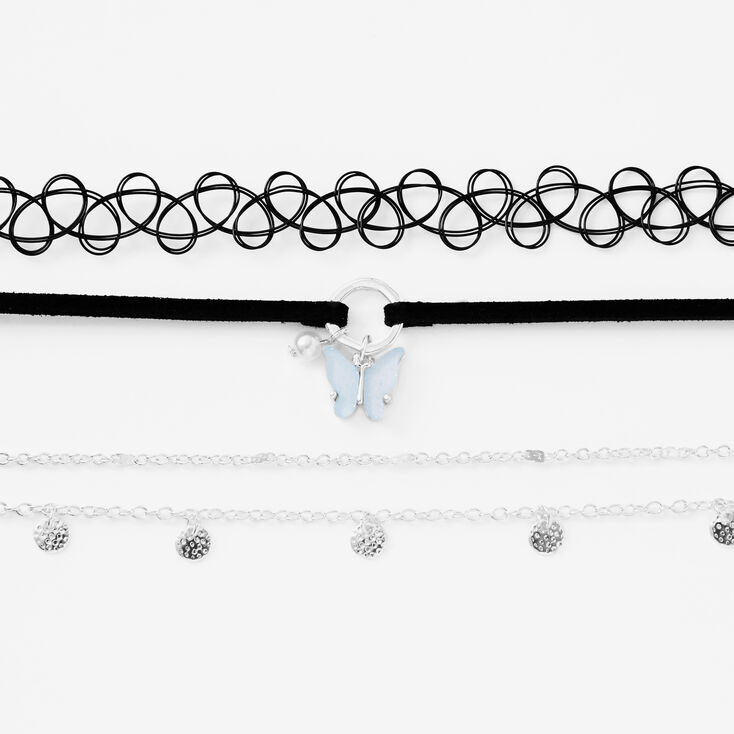 Silver Butterfly Charm &amp; Black Tattoo Choker Necklaces - 3 Pack,